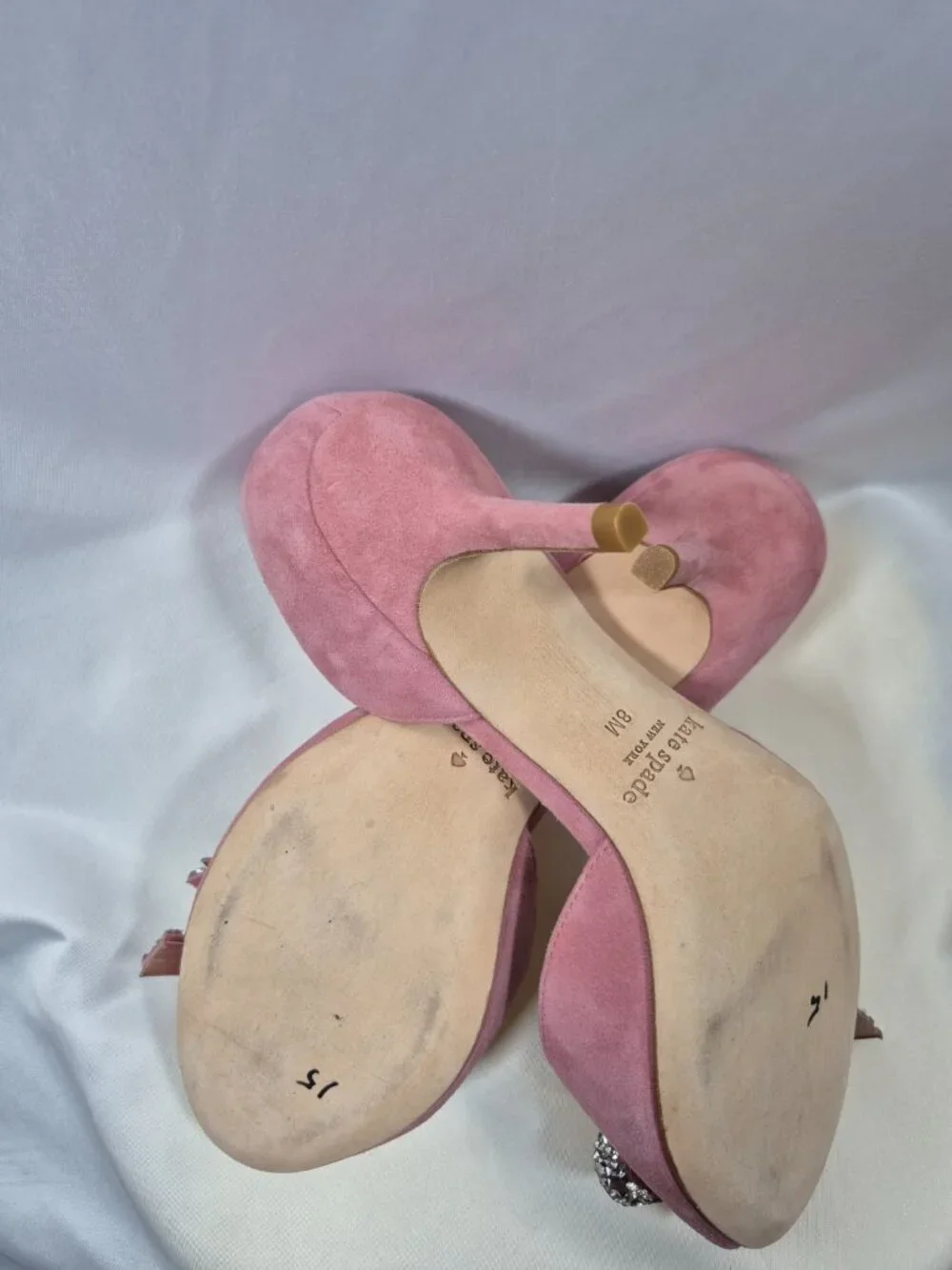 Kate Spade Pink Suede Crystal Bow Peep Toe Heels Size 8